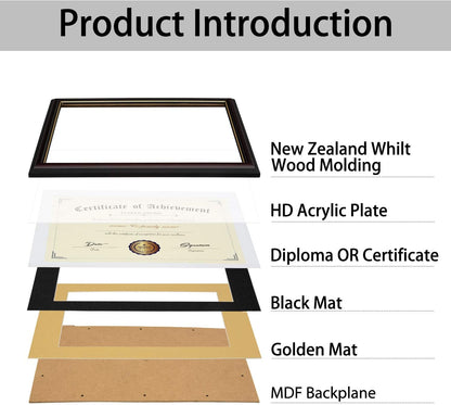 ELSKER&HOME Diploma Frame - Wide Solid Wood Frame - Black Velvet Golden Rim Mat - Semi-Tempered Glass - Includes Hanging Hardware and Desktop Easel(ONLY Display 11×14 Document/Certificate)