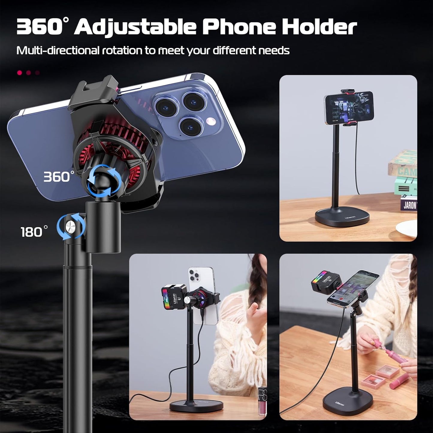 ULANZI Cell Phone Stand Mount for Desk, Vijim HP004 Adjustable Height & Angle Phone Holder, 360 Degree Rotating Desktop Phone Stand Compatible with iPhone, Samsung and All Phones
