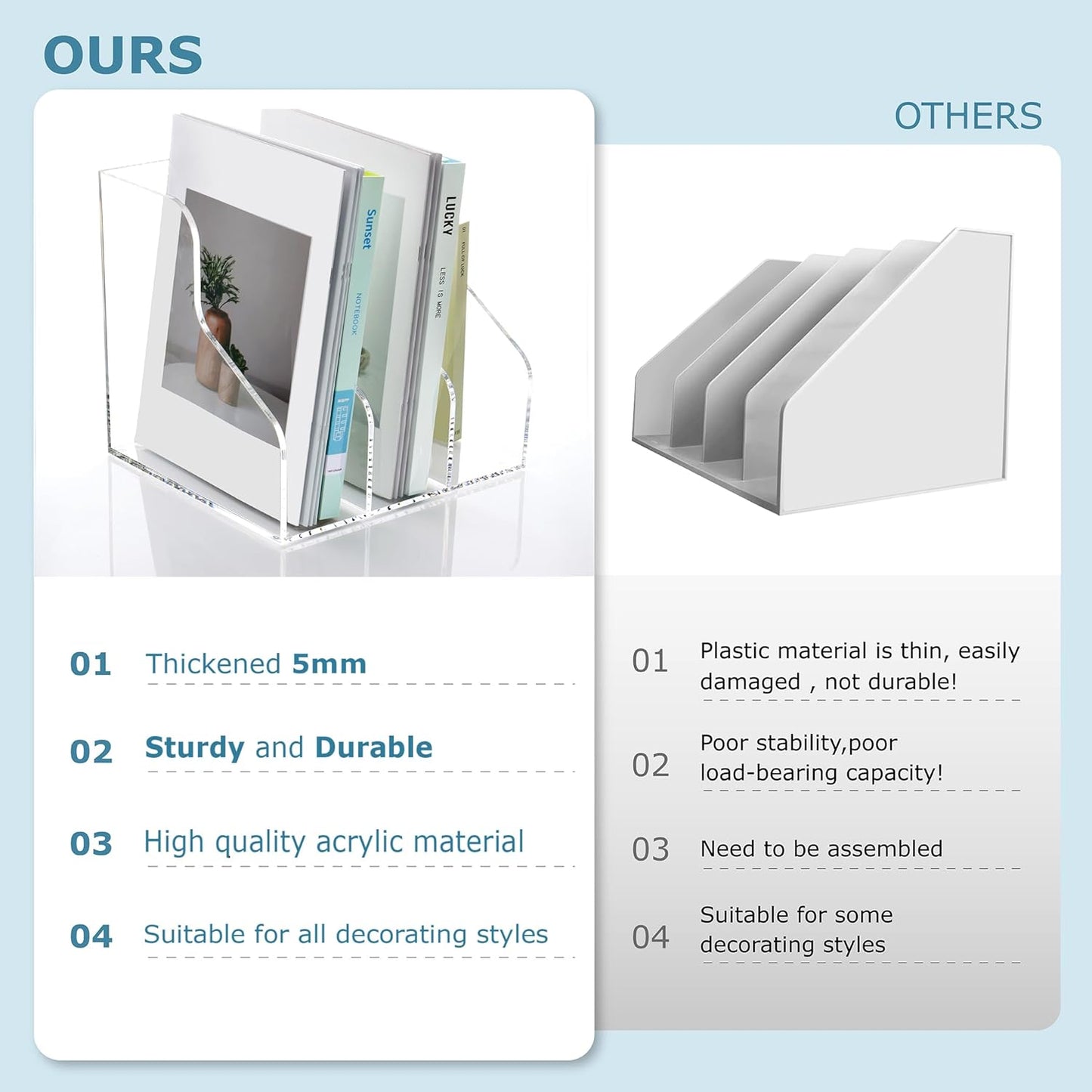SANRUI Acrylic Magazine Holder Desk Organizer Workspace Sorters，Clear Bookend File Sorter Holder，Folder Rack, Office Accessories Organization Storage with 3 Vertical Compartments