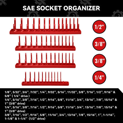 AIUITIO 6PCS Socket Organizer Tray Set, Red SAE & Black Metric Socket Storage Trays, 1/4-Inch, 3/8-Inch & 1/2-Inch Drive Deep and Shallow Socket Holders for Toolboxes