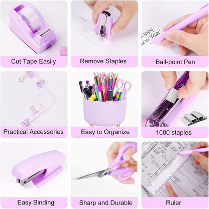 Gawsey Gold Desk Organizers and Accessories Set with 360-Degree Rotating Pen Holder, Acrylic Stapler, Tape Holder, Staple Remover, Binder/Paper Clips Kit, Scissor and 1 Box of Staples