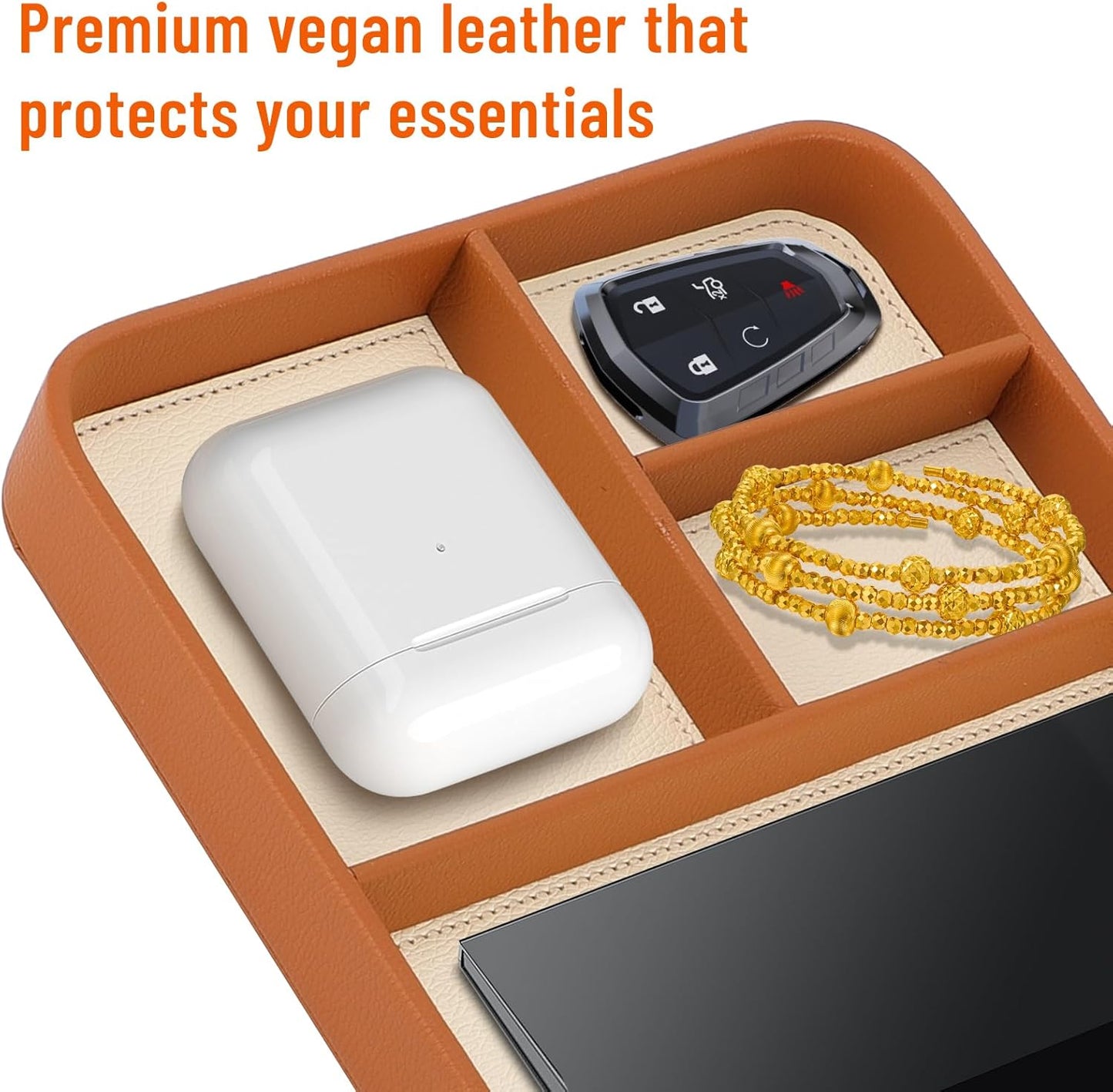 Valet Tray for Men, PU Leather Desk & Nightstand Organizer - Two-Toned Catch All Tray for Keys, Wallet, Watch, Jewelry and EDC Gear (black)