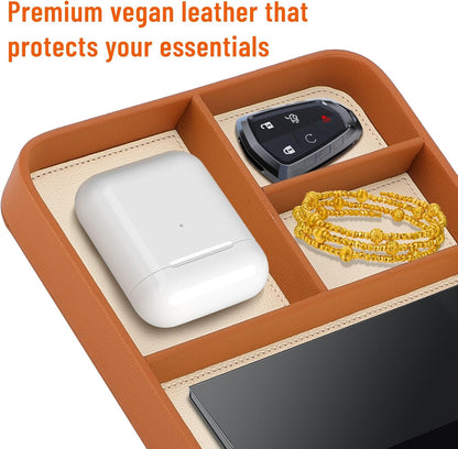 Valet Tray for Men, PU Leather Desk & Nightstand Organizer - Two-Toned Catch All Tray for Keys, Wallet, Watch, Jewelry and EDC Gear (black)