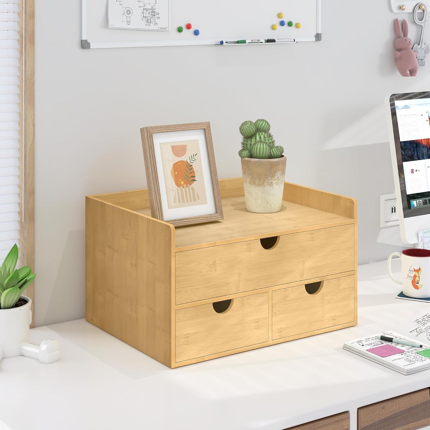 Wisuce Bamboo Desk Drawer Organizer, 3 Drawer Desktop Organizer with Drawers Tabletop Storage Organization Box for Office Home Toiletries Supplies Vanity, No Assembly Required