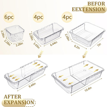 14 Pcs Adjustable Clear Drawer Organizer, Extendable Vanity Storage Bins, Desk Drawer Organizer Set for Makeup, Cosmetics, Bedroom, and Gadgets, Purple
