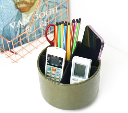 Hennaja Round Leather Art Supply Organizer,Remote Control Holder,360 Degree Rotating,Multi-Functional Pencil Holder,4 Compartments Desktop Stationary Organizer(1-Blue Bird) - Colors C