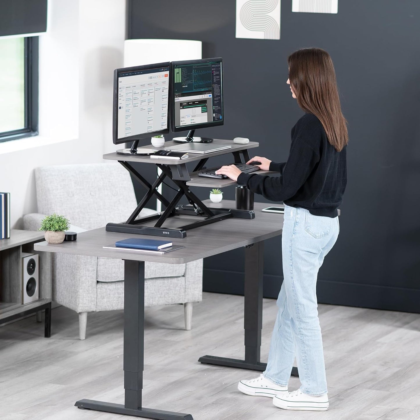 VIVO 26 inch Desk Converter, K Series, Height Adjustable Sit to Stand Riser, Dual Monitor and Laptop Workstation with Keyboard Tray, Black, DESK-V026KB