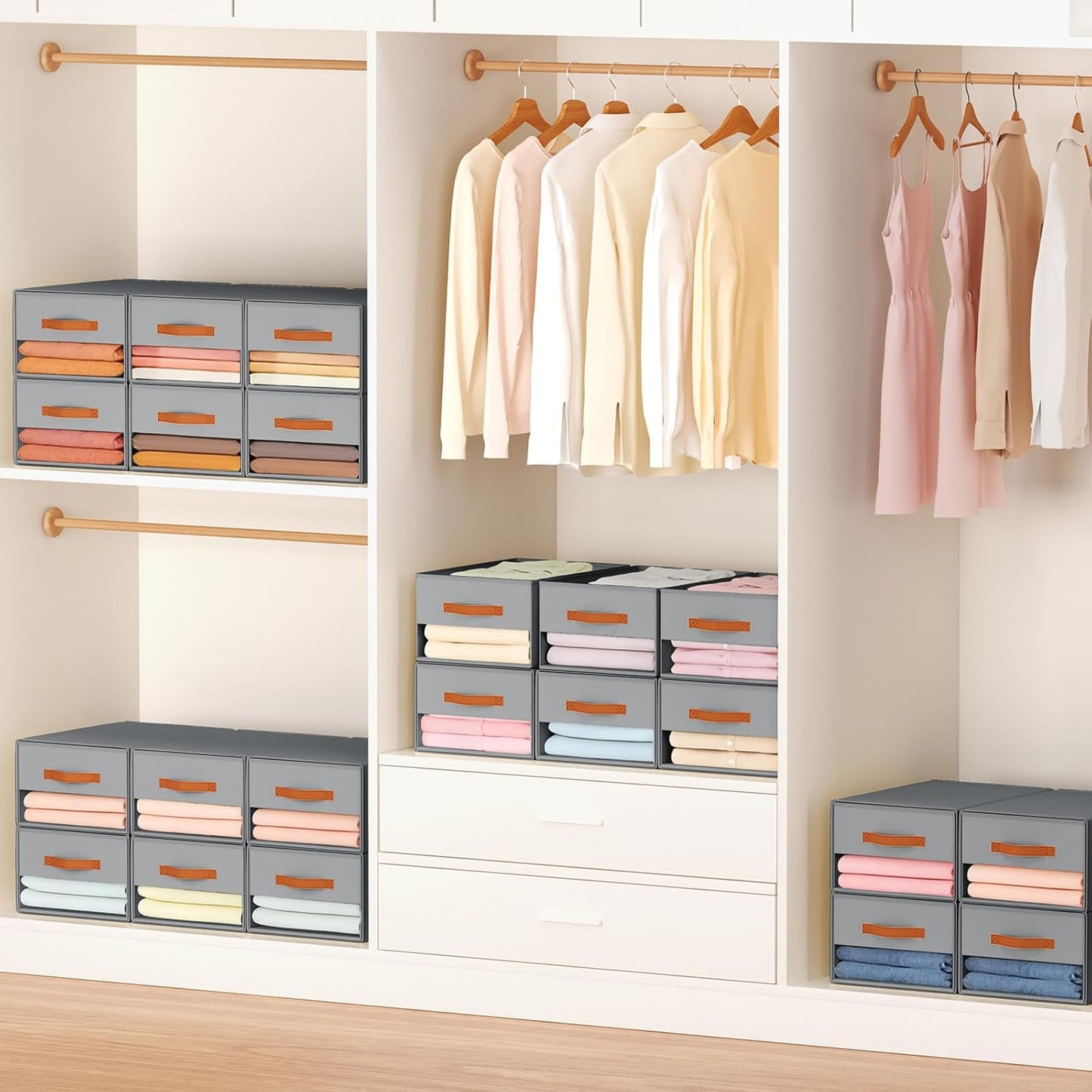 Stackable Storage Drawers - Pull Out Storage Bins with Drawers for Closet Clothes Organizers with Weekly Labels & Clear Window, Closet Shelf Storage for Bedroom, Living Room, 5 Pack, White