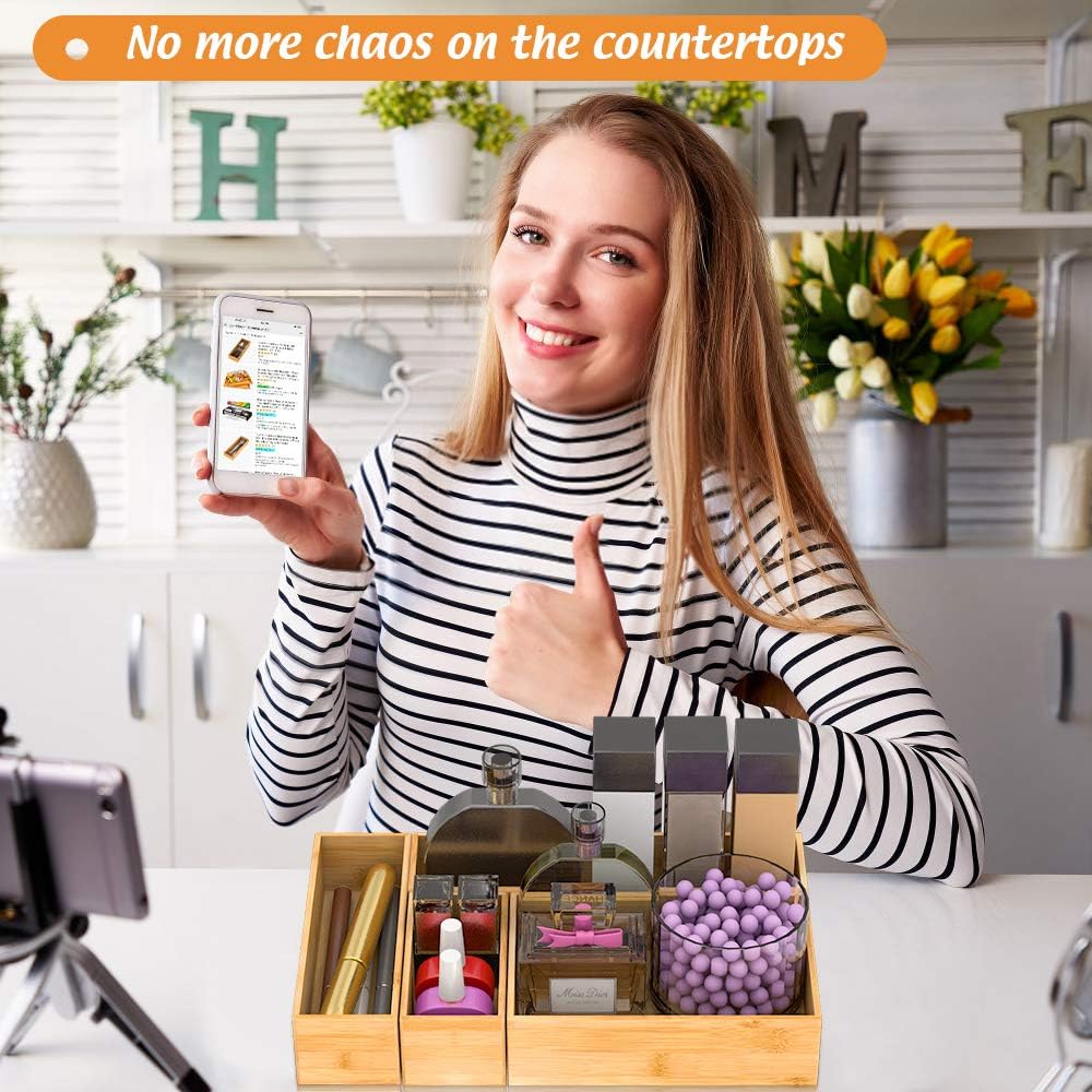 Black Bamboo Drawer Organizer - Silverware&Utensil Holder Organizer for Kitchen Drawers, Multi-Use Drawer Dividers Boxes for Bathroom Counter，Cabinet, Garage, Office Desk, Makeup, Jewelry (12"3"2.5")