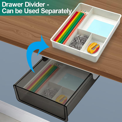 SVNNELP Under Desk Table Drawer Storage Organizer, Slide Out Drawer with 4 Compartments Divider,Pencil Storage Self-Adhesive Tray Under Table (M/Clear Black+White)