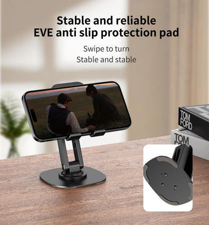 360° Rotating Cell Phone Stand for Desk, Adjustable & Foldable Phone Holder, Aluminum Desktop Phone Stand with Anti-Slip Base, Compatible with iPhone, iPad, Android Phones, K69-Black