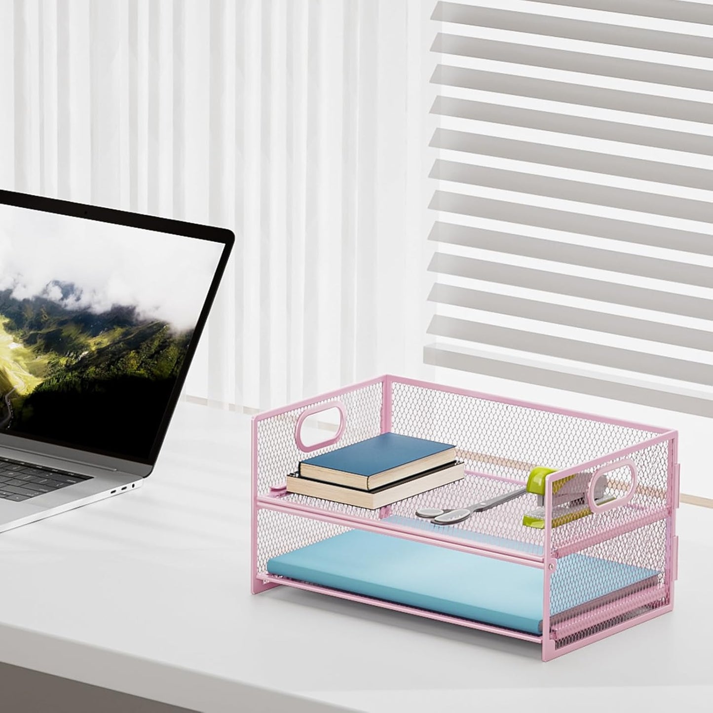 Marbrasse 2 Tier Paper Organizer Letter Tray, Mesh File Organizer with Handle, Paper Sorter Desk Organizer for Home Office Supplies - Black