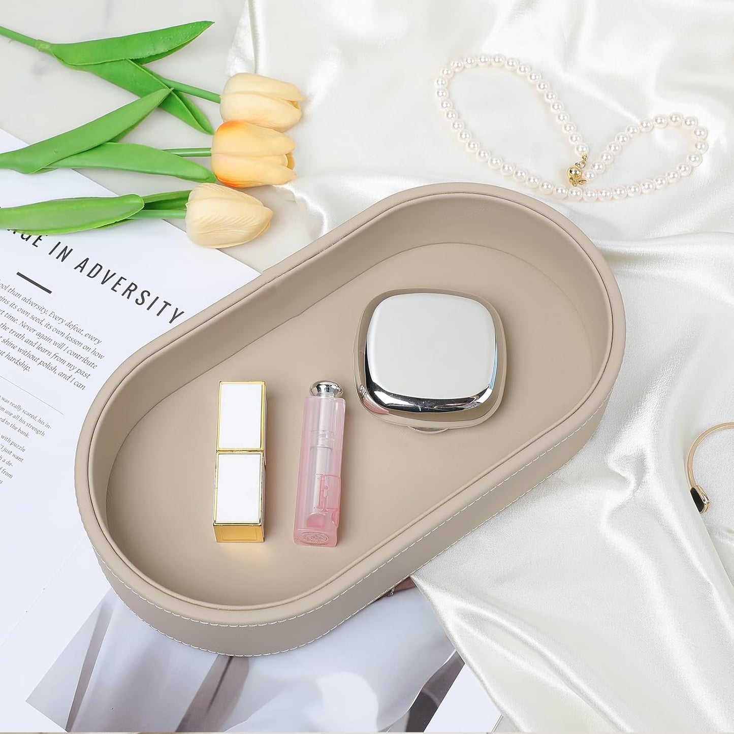 Oval Desk Valet Tray, PU Leather Perfume Dish Bowl for Keys Wallet Watch, Decorative Trinket Vanity Jewelry Tray, Entryway Nightstand Organizer Women Men (Black)