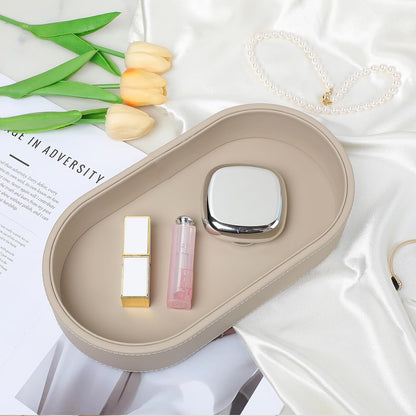 Oval Desk Valet Tray, PU Leather Perfume Dish Bowl for Keys Wallet Watch, Decorative Trinket Vanity Jewelry Tray, Entryway Nightstand Organizer Women Men (Black)