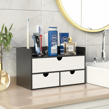 Desk Organizer with Drawers - Bamboo Desktop Organizer Storage | Wood Desk Drawers Organizer for Bills, Office Supplies, Cosmetics, Seals No Assembly Required (3 Drawer with Big Drawer)