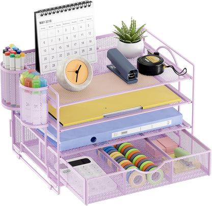 Marbrasse Desk Organizer and Accessories，4-Tier Paper Letter Tray Organizer with File Holder，Desk Accessories & Workspace Desktop Organizers for School Home Office Supplies (Blue)