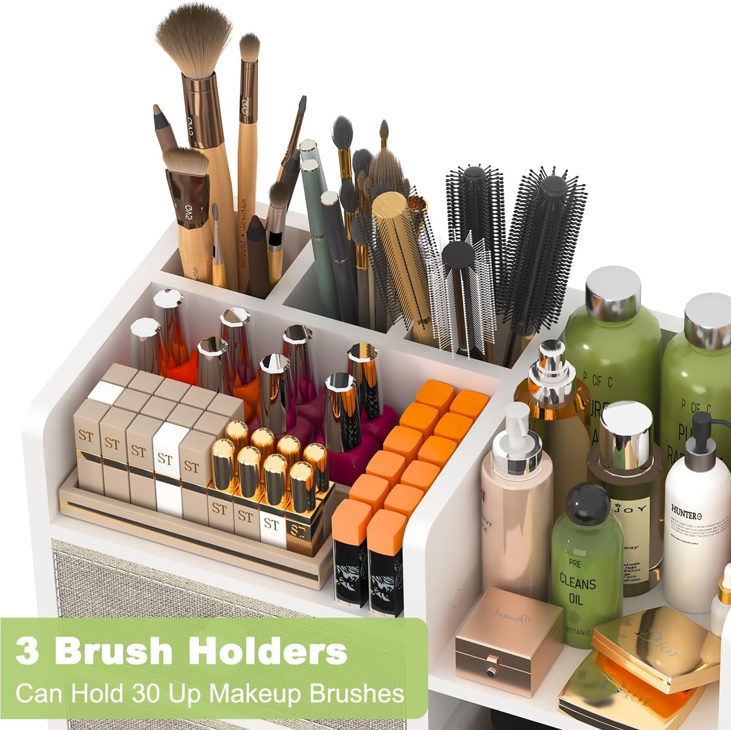 Large Makeup Organizer For Vanity, Large Capacity 3 Tiers Bamboo Bathroom Counter Organizers and Storage, Countertop Makeup Brush Holder, Nail Polish Perfume Stand with 3 Drawers and 10 Compartments