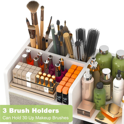Large Makeup Organizer For Vanity, Large Capacity 3 Tiers Bamboo Bathroom Counter Organizers and Storage, Countertop Makeup Brush Holder, Nail Polish Perfume Stand with 3 Drawers and 10 Compartments