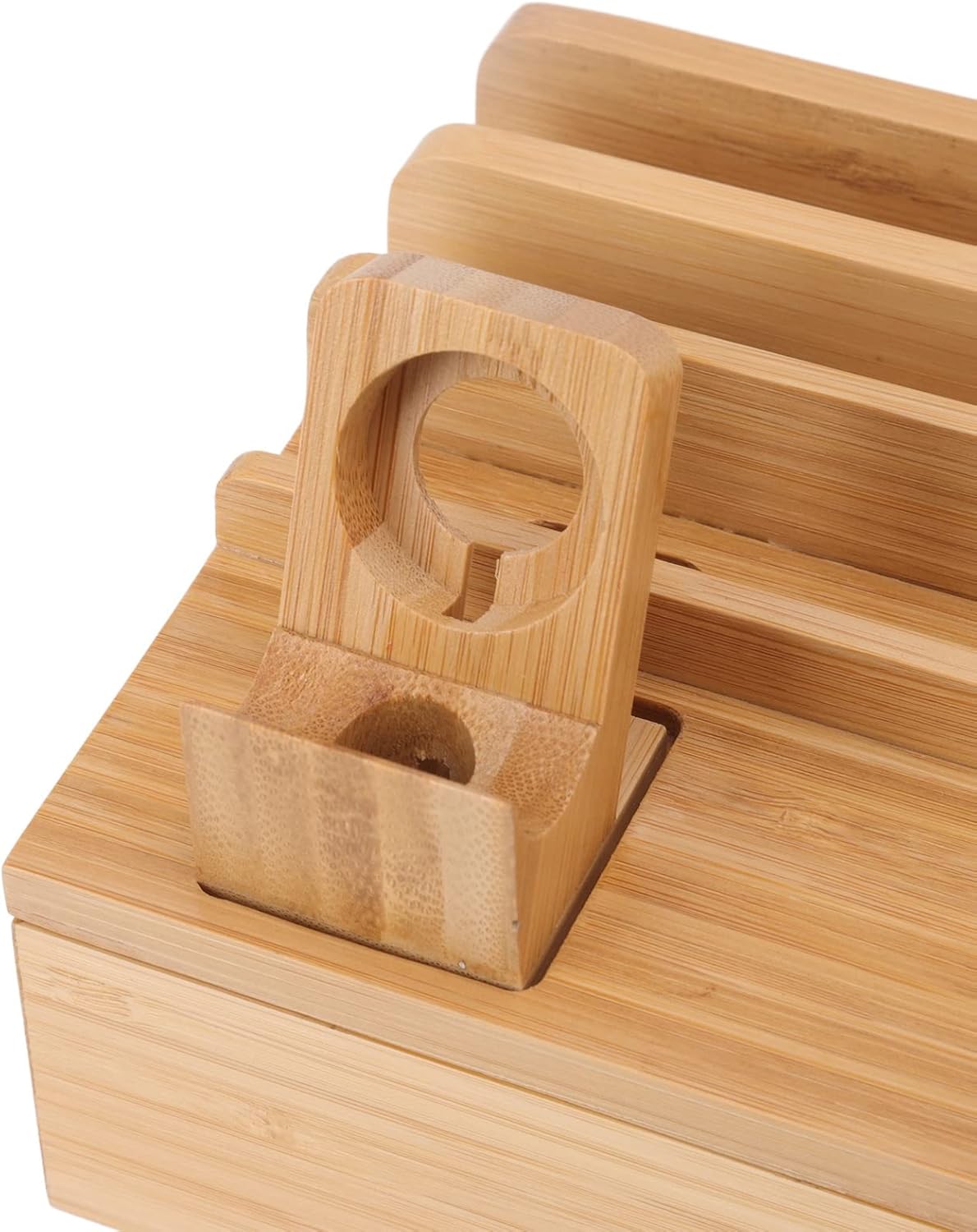 Bamboo Charging Station for Multiple Devices with 5 Port USB Charger, Electronic Device Desktop Dock Stations Organizer for iPads, Laptops, Tablets, Watch (Wooden)