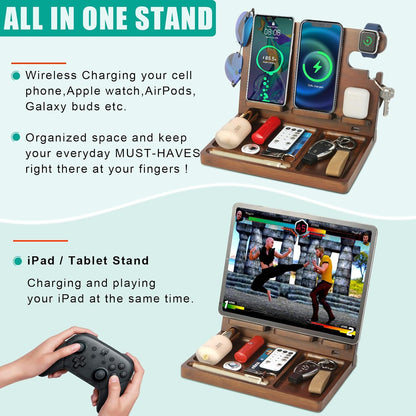 Wood Phone Docking Station Nightstand Organizer for Men 27W 2 Phone Wireless Charging Station with 4 Wireless Charger Stand for iPhone Apple Watch AirPod Mens Birthday Gift Ideas Key Holder