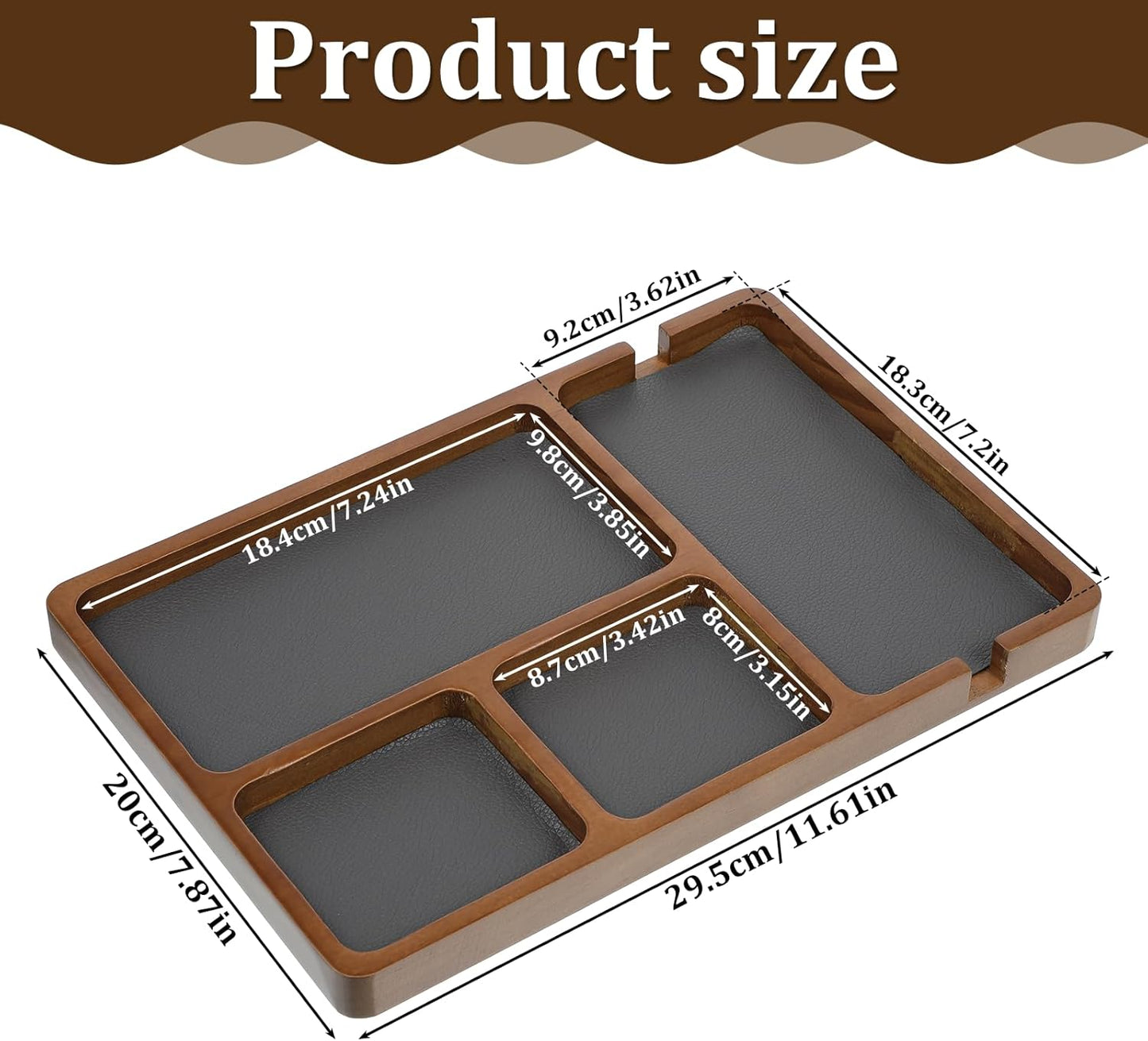 1 Pcs Wooden Valet Tray with Leather Inlay, 11.6 x 7.9 Inch Valet Tray for Men Black Sandalwood Catchall Trays EDC Trays for Nightstand, Desk, Keys, Wallet, Watch, Jewelry, Phone