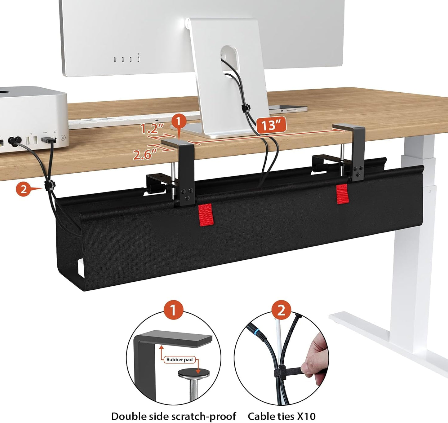 Univivi No Drill Under Desk Cable Management Tray, 36" Cord Organizer for Table, Clamp/Screw Mount Desk Cable Management, Premium Fabric Cable Management Tray for Office, Home
