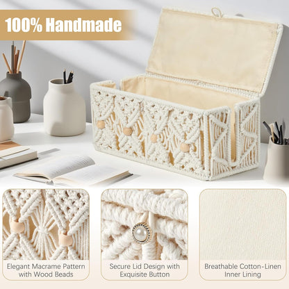 Cable Management Box Handmade Macrame Cord Storage Organizer Power Strips Outlet Router Adapter TV Wire Hider Cover Under Desk Natural Cotton Rope Woven Boxes with Lid (Off White, Large)