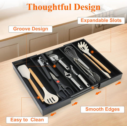 Large Bamboo Silverware Drawer Organizer Tray Kitchen Tool Drawer Divider Organizers Storage Expandable Cooking Utensil Organizer Wooden Cutlery Tray Spoon Flatware Organizers Utensil Holder Drawers