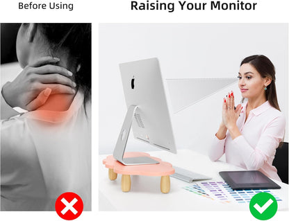 AFOOYO Monitor Stand Riser,Cloud Shape Wood Computer Monitor Stand, 16.5IN Monitor Stand Riser, Multi-Purpose Desktop Organizer Riser for Computer,Laptop,Printer,TV,Pink