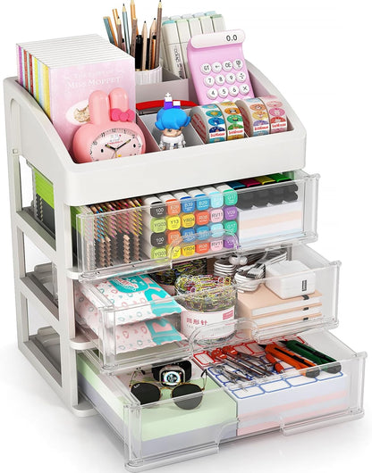 Desk Organizer with 4 Drawer Storage, Desktop Drawers Organizer for Office/School Supplies, Plastic Stationary Makeup Organizer, Desk Storage Box Organizer for Office, School, Bathroom