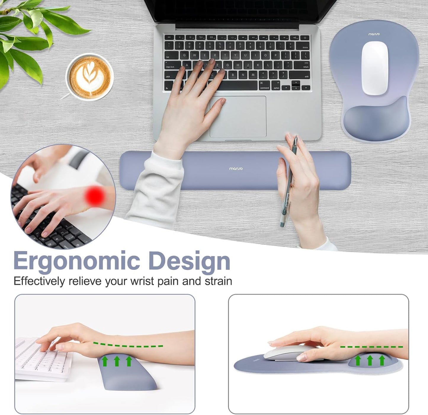 MOSISO Wrist Rest Support for Mouse Pad&Keyboard Set, Ergonomic Mousepad with Concave Curved Memory Foam, Non-Slip Base Pain Relief Comfortable Rectangular Easy Typing Pad for Home/Office, Brown