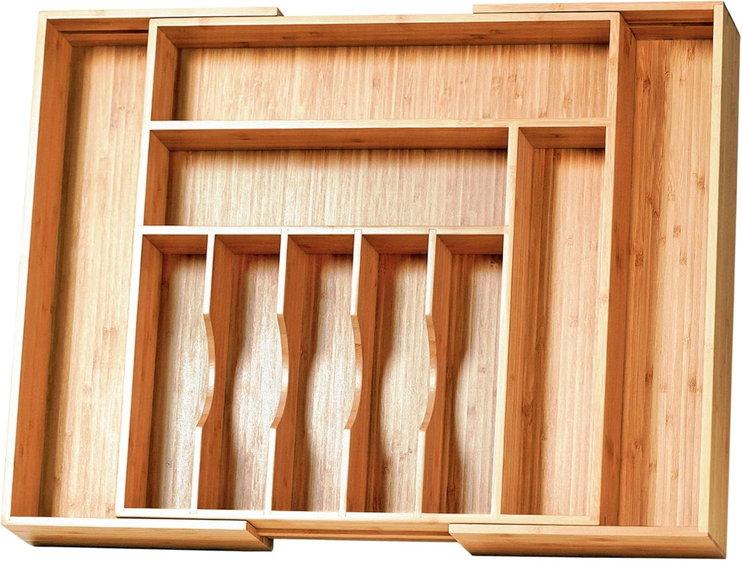Umilife Bamboo Kitchen Drawer Organizer, 13 Inch Silverware Utensil Tray Holder, Extra Deep Grooved Drawer Divider, 7 Slots Total Bamboo Wood Caddy for Flatware Cutlery Knives, Forks, Spoons
