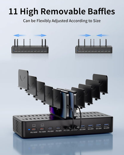 580W Charging Station for Multiple Devices, 10-Port USB C Fast Charger Station, Dual PD 100W Charging Dock with Adjustable Dividers & 6 Cables-Device Organizer for Laptop MacBook, iPhone, iPad