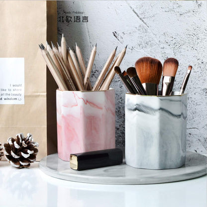 WAVEYU Ceramic Pen Holder for Desk Cute, Pencil Cup Pot Desk Organizer, Makeup Brush Holder for Women, Men, Kids, Desk Marble Decor for Office, Classroom, Home, Gray Golden