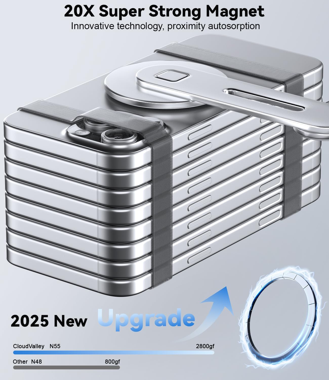 CloudValley Adjustable Laptop Stand, Magnetic Phone Holder, Aluminum Slim Computer Monitor Side Mount Clip for iPhone MagSafe Series & All Phones, Portable Foldable Computer Expansion Bracket, Black