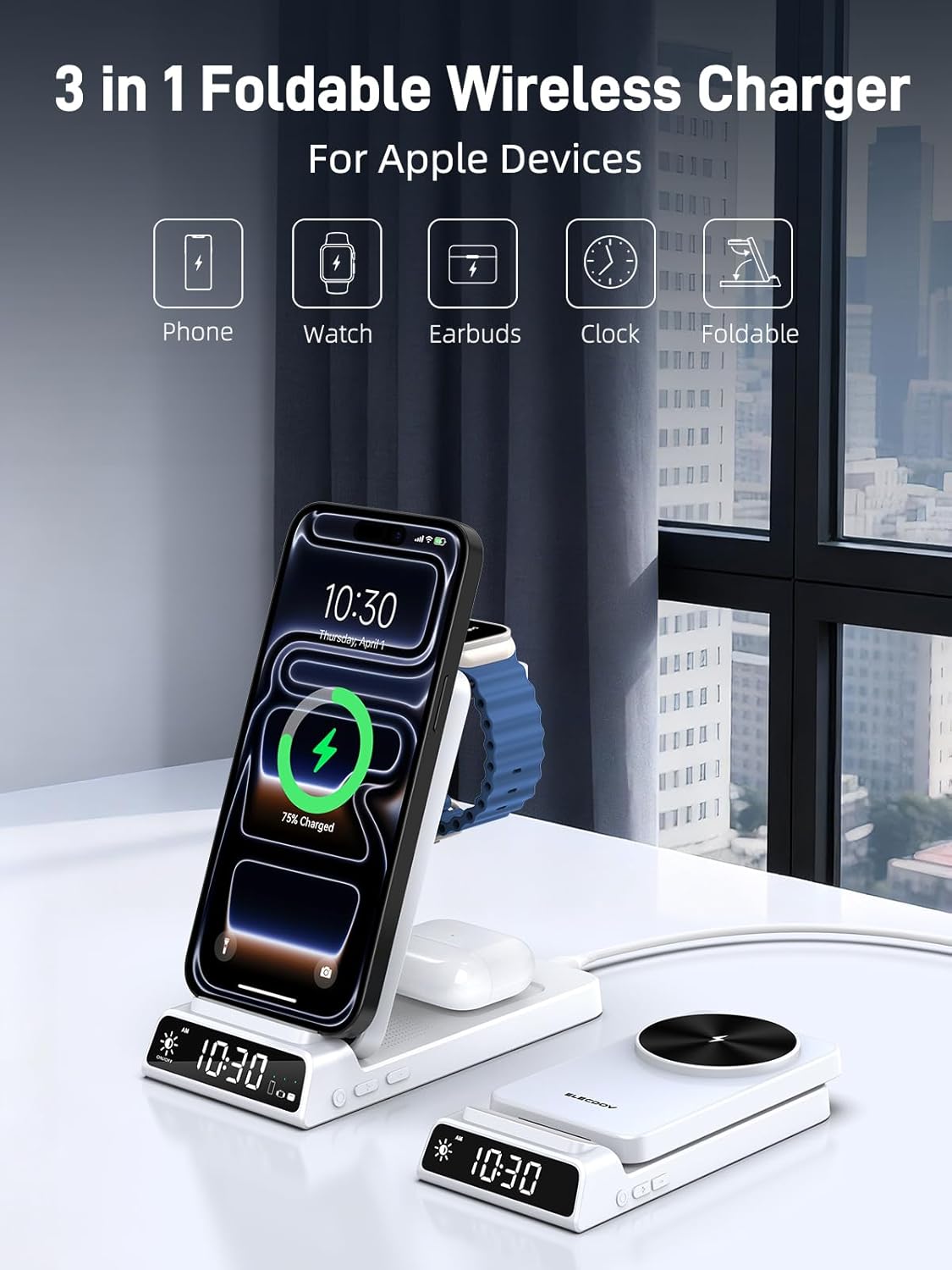 3 in 1 Charging Station for Apple, ELECDOV Magnetic Charger for iPhone, Foldable Wireless Charger with Clock, Travel Watch Charger Stand for iPhone 17/Air/16/15 Series, iWatch 10/AirPods 4 (Grey)