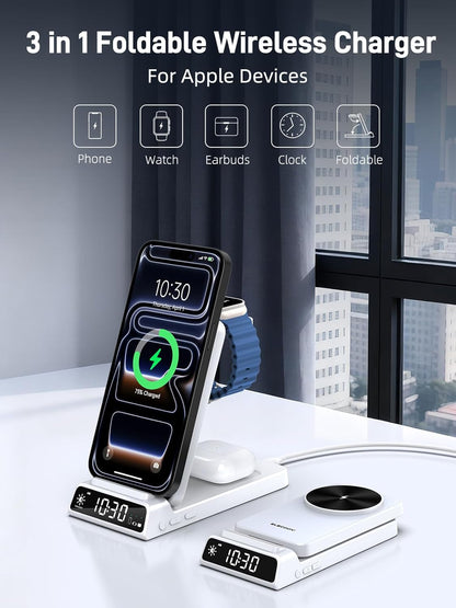 3 in 1 Charging Station for Apple, ELECDOV Magnetic Charger for iPhone, Foldable Wireless Charger with Clock, Travel Watch Charger Stand for iPhone 17/Air/16/15 Series, iWatch 10/AirPods 4 (Grey)