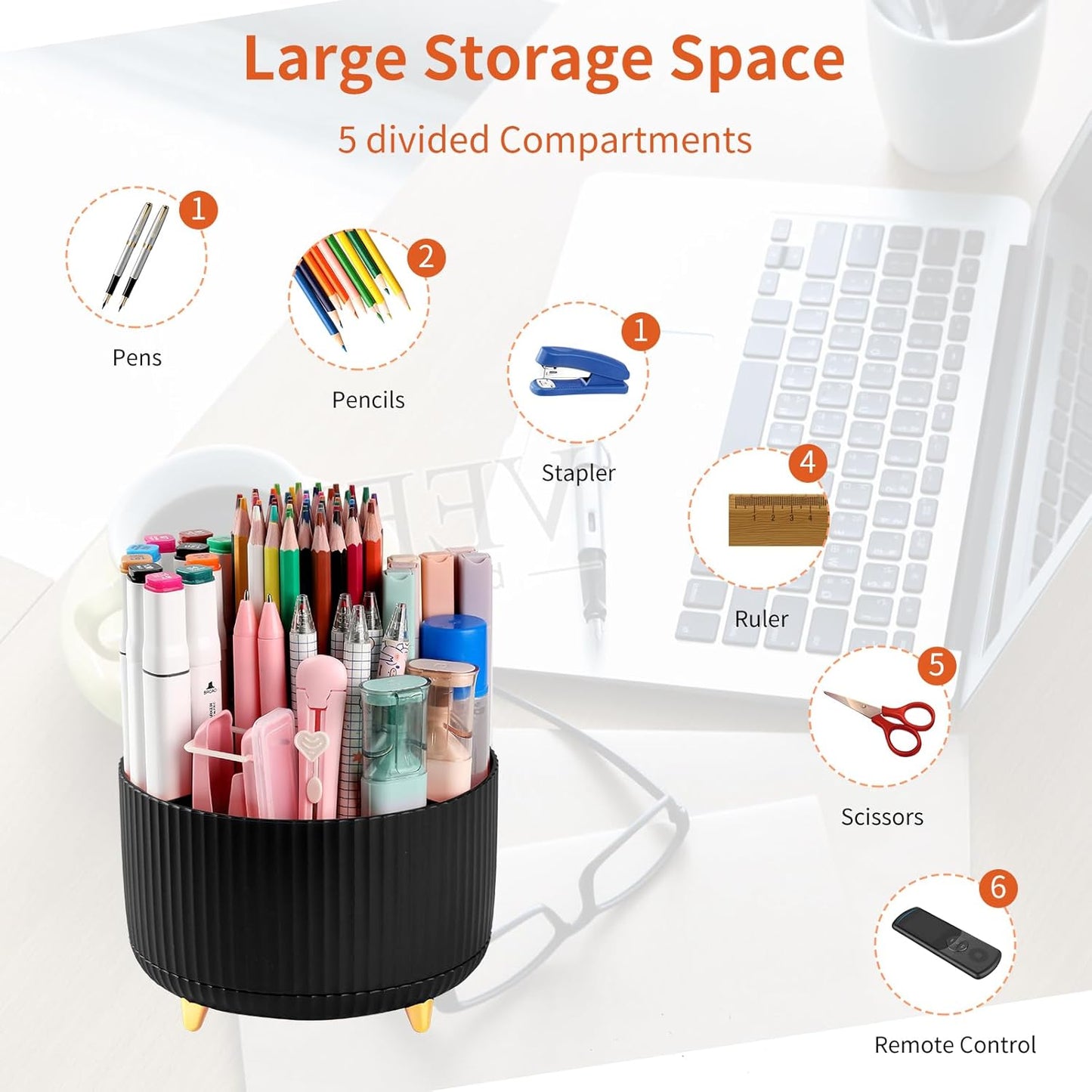 Desk Pencil Pen Holder, 5 Slots 360°Degree Rotating Pen Organizers for Desk, Desktop Storage Stationery Supplies Organizer, Cute Pencil Cup Pot for Office, School, Home, Art Supply, Dark Green