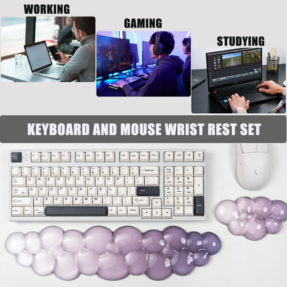 Gel Keyboard and Mouse Wrist Rest Set – Clear Cloud Wrist Rest for Computer Keyboard 60%/68%/75%, Comfort & Support for Typing and Gaming(Purple Green)