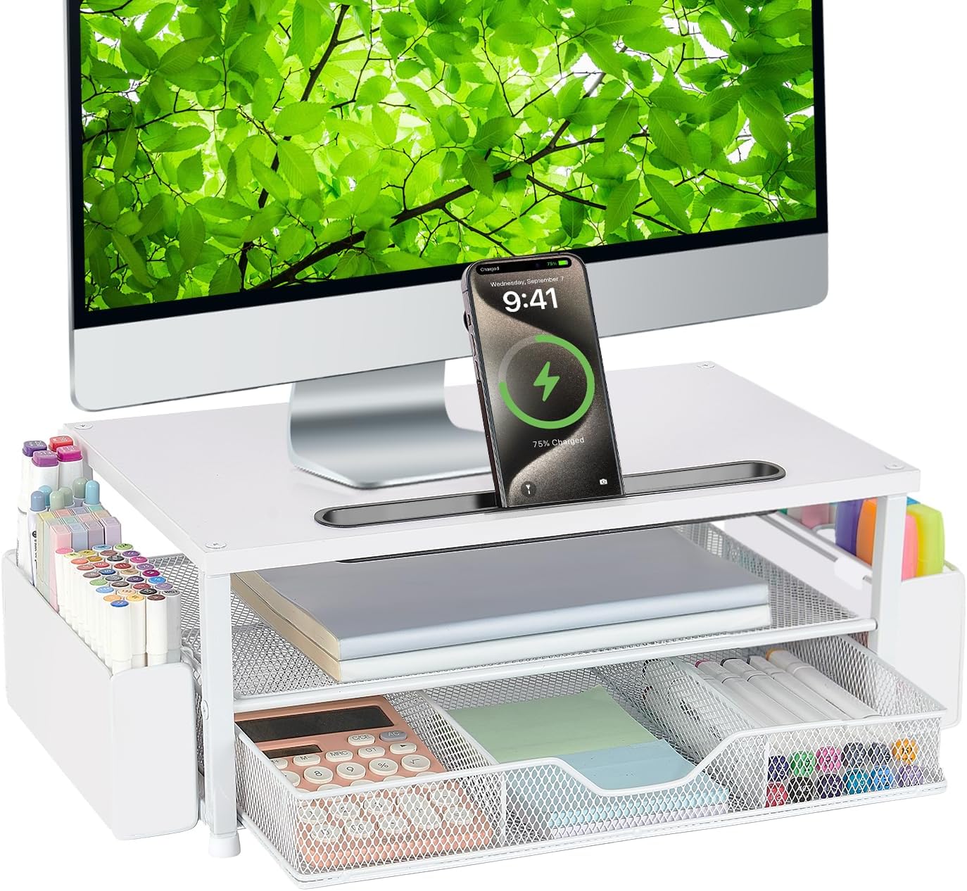 AUPSEN Wood Desk Organizers and Accessories, 2-Tier Computer Monitor Stand Riser with Drawer, Pen Storage & Phone Holder, Office Desk Accessories, Workspace Desktop Organization for Office Supplies（Brown）