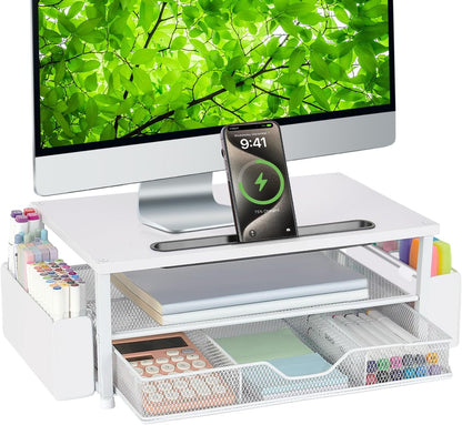 AUPSEN Wood Desk Organizers and Accessories, 2-Tier Computer Monitor Stand Riser with Drawer, Pen Storage & Phone Holder, Office Desk Accessories, Workspace Desktop Organization for Office Supplies（Brown）