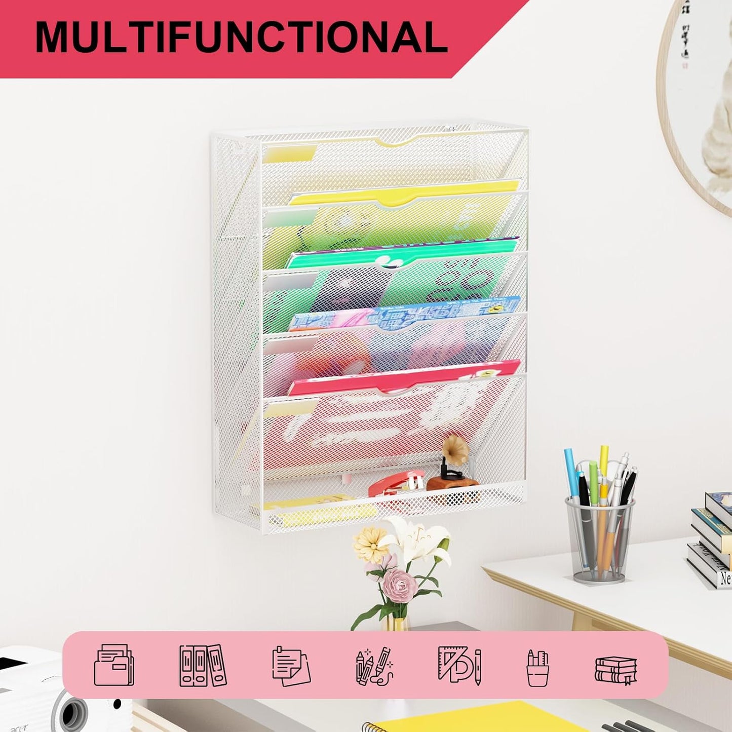 Wall File Organizer Holder Mesh Hanging Paper Document Holder,Vertical 6 Pocket Tier for Office Home, Black