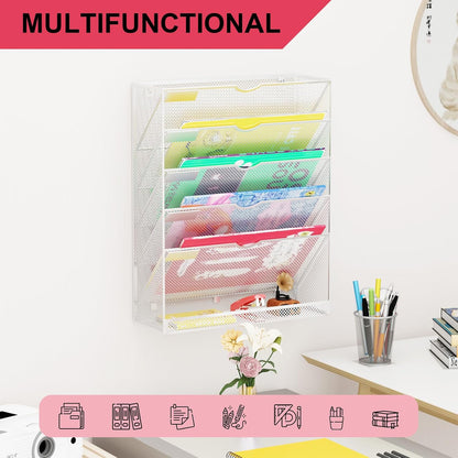 Wall File Organizer Holder Mesh Hanging Paper Document Holder,Vertical 6 Pocket Tier for Office Home, Black