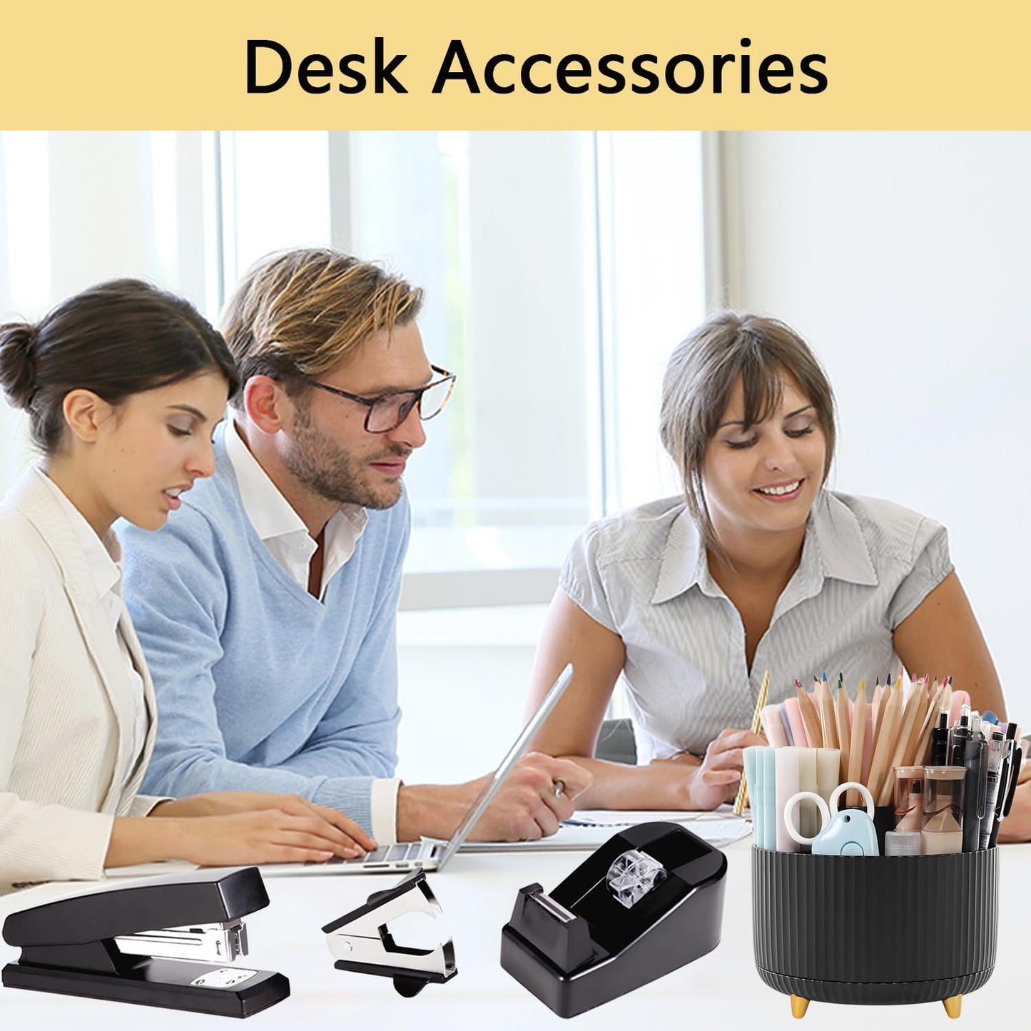 suniya Office Supplies,Gold Desk Accessories,with Stapler,Tape Dispenser,Pen Holder,Scissors,Phone Stand,Staple Remover,Ballpoint Pen,Clear Tape, Staples,Ruler,Clips,Best Gift for Business or Boss