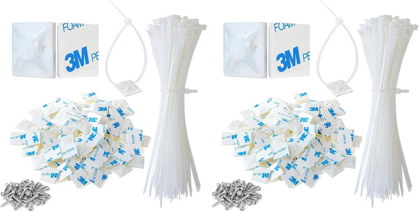 XHF 3/4" Strong Back-Glue Self Adhesive Black Cable Zip Tie Mounts 100pcs with 8" Zip Ties, Screws, UV Protection Outdoor Sticky Wire Fasteners Cable Clips Management Anchors Organizer Holders Squares