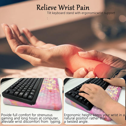 Computer Keyboard Stand Pad with Wrist Rest Purple Blue Cloud Keyboard Pad Support with Comfortable Galaxy Stars Wrist Pad Cute Girl Ergonomic Tilted Keyboard Riser Holder for Desktop Office Home