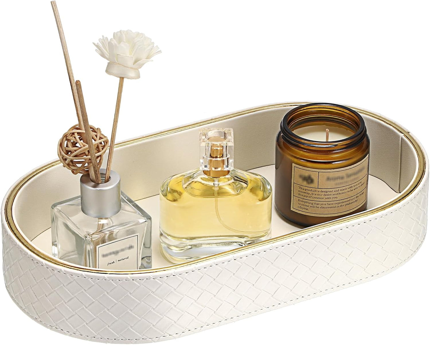 Hipiwe Perfume Trays PU Leather Vanity Tray for Dresser Bathroom Valet Trays Oval Desk Tray Jewelry Dish Holder Decorative Catchall Trays Nightstand Organizer, Beige