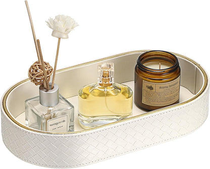 Hipiwe Perfume Trays PU Leather Vanity Tray for Dresser Bathroom Valet Trays Oval Desk Tray Jewelry Dish Holder Decorative Catchall Trays Nightstand Organizer, Beige