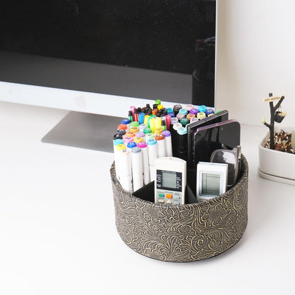 lizimandu Round Leather Art Supply Organizer,Remote Control Holder,360 Degree Spinning,Multi-Functional Pencil Holder,4 Compartments Desktop Stationary Organizer(1-Gold) - Colors A