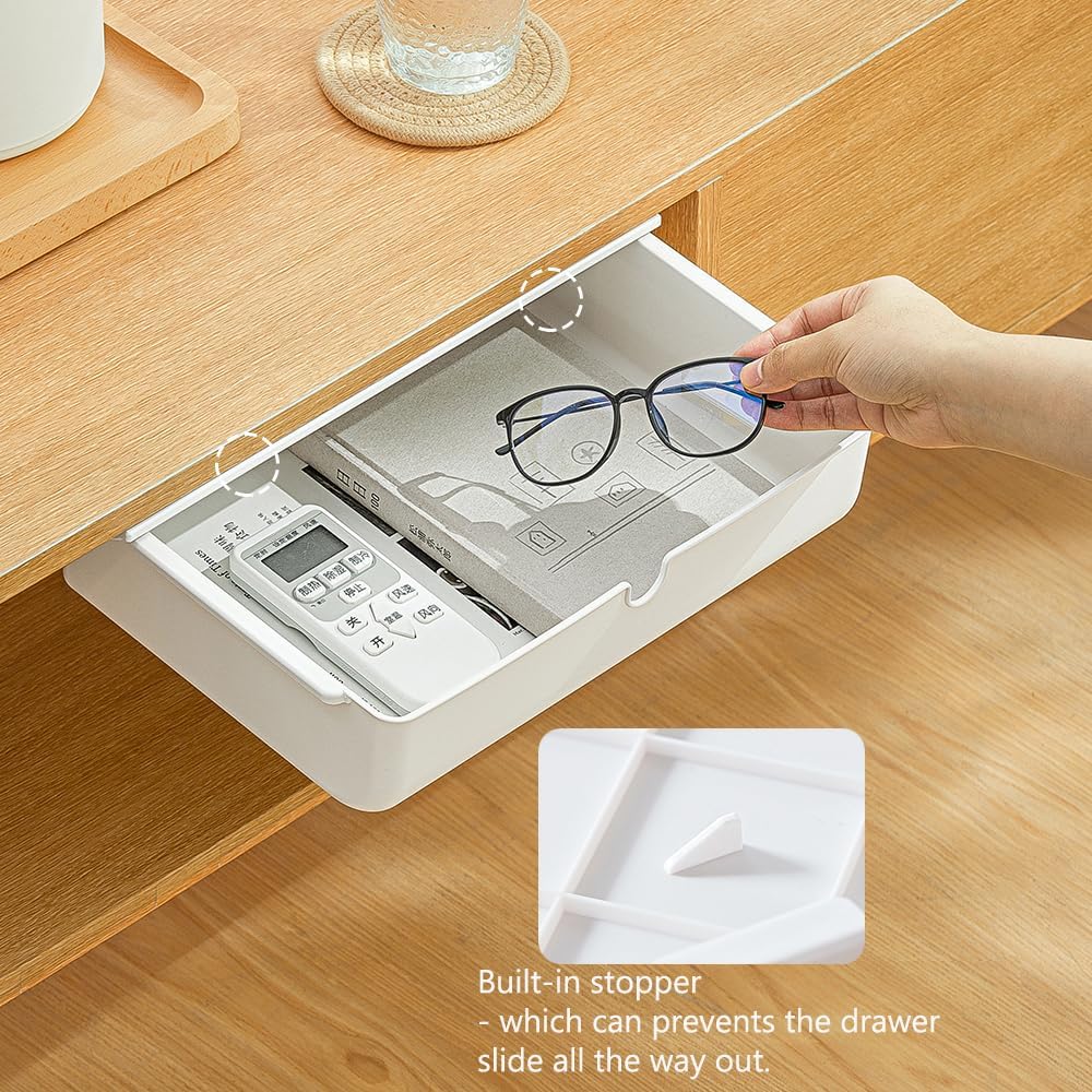 Poeland Under Desk Drawer Self-Stick Storage Organizer for Office Home School, Holders for Desk Accessories, Large Size, White